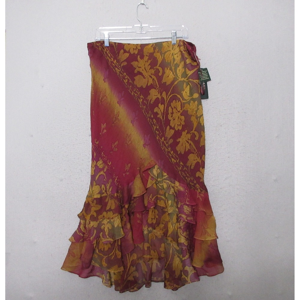 Vintage Lauren Ralph Lauren Skirt 14 Silk Floral Ruffle Midi Boho Fairy Y2K NWT